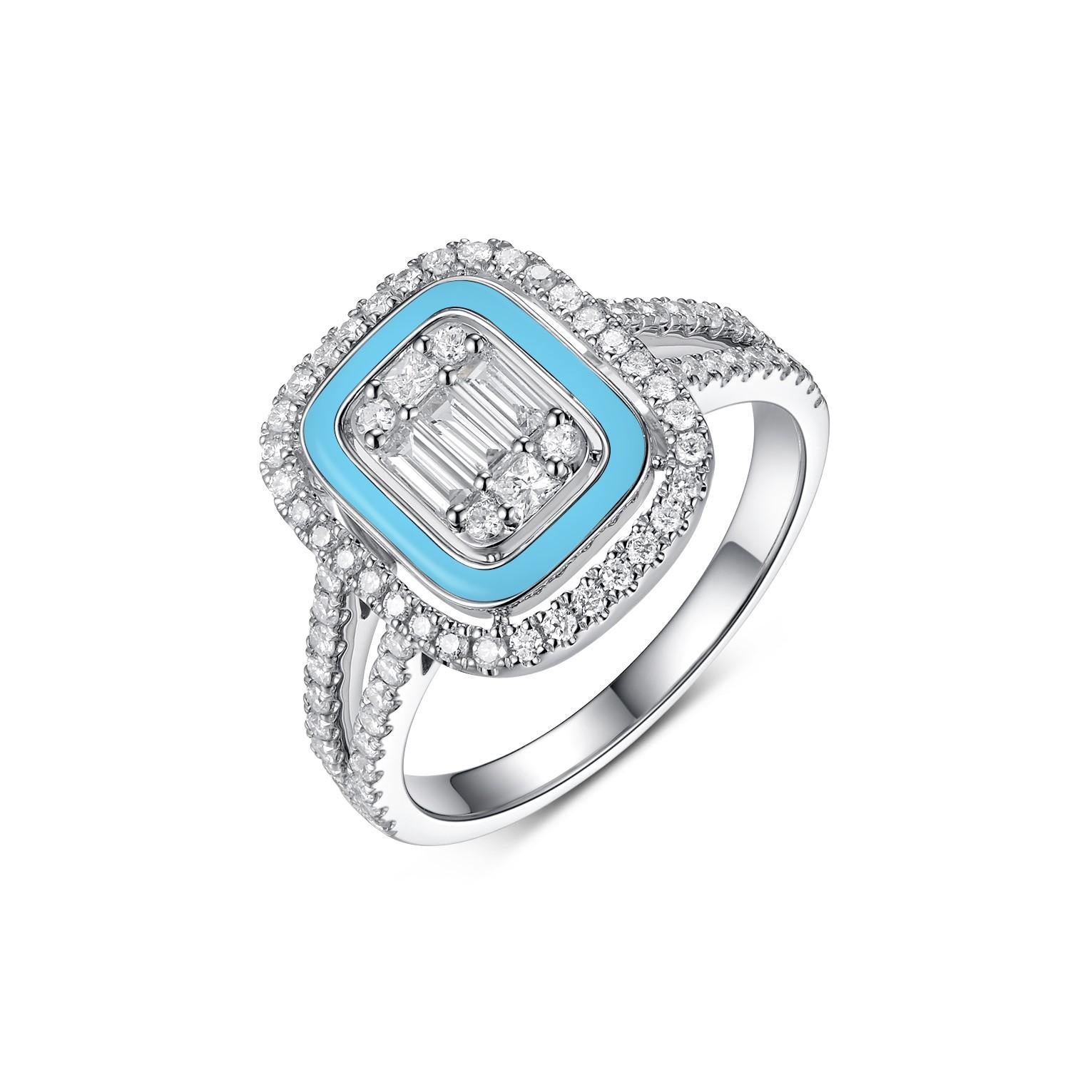 This piece is handcrafted in 14 karat white gold. This diamond pendant with chain features 5 baguette diamonds weight 0.19 carat and 0.43 carats of round diamonds. The inner halo is finish in turquoise color enamel. This ring also have a matching