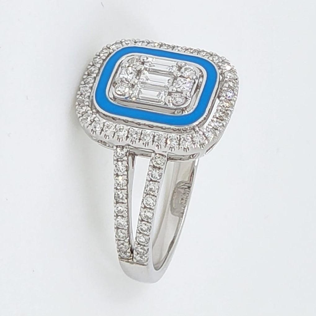 Modern Baguette Diamond Enamel Ring in 14 Karat White Gold For Sale