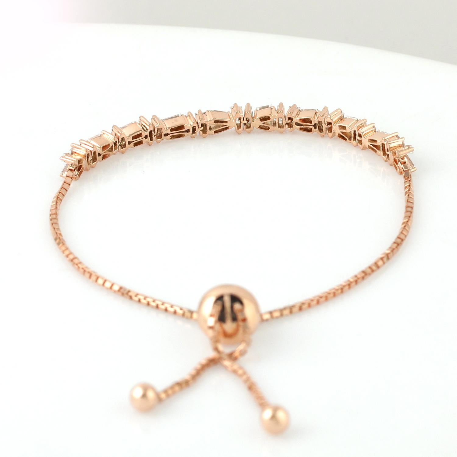 Mixed Cut Baguette Diamond Fixed & Flexible Bracelet Made In 18k Rose Gold For Sale