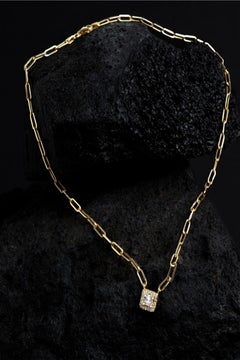 Paperclip Cushion Cut Diamond 14K Gold Pendant Chain Necklace