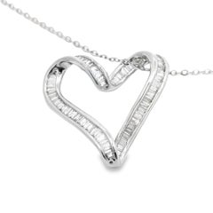 Baguette Diamond Heart Pendant with Chain in 18K White Gold