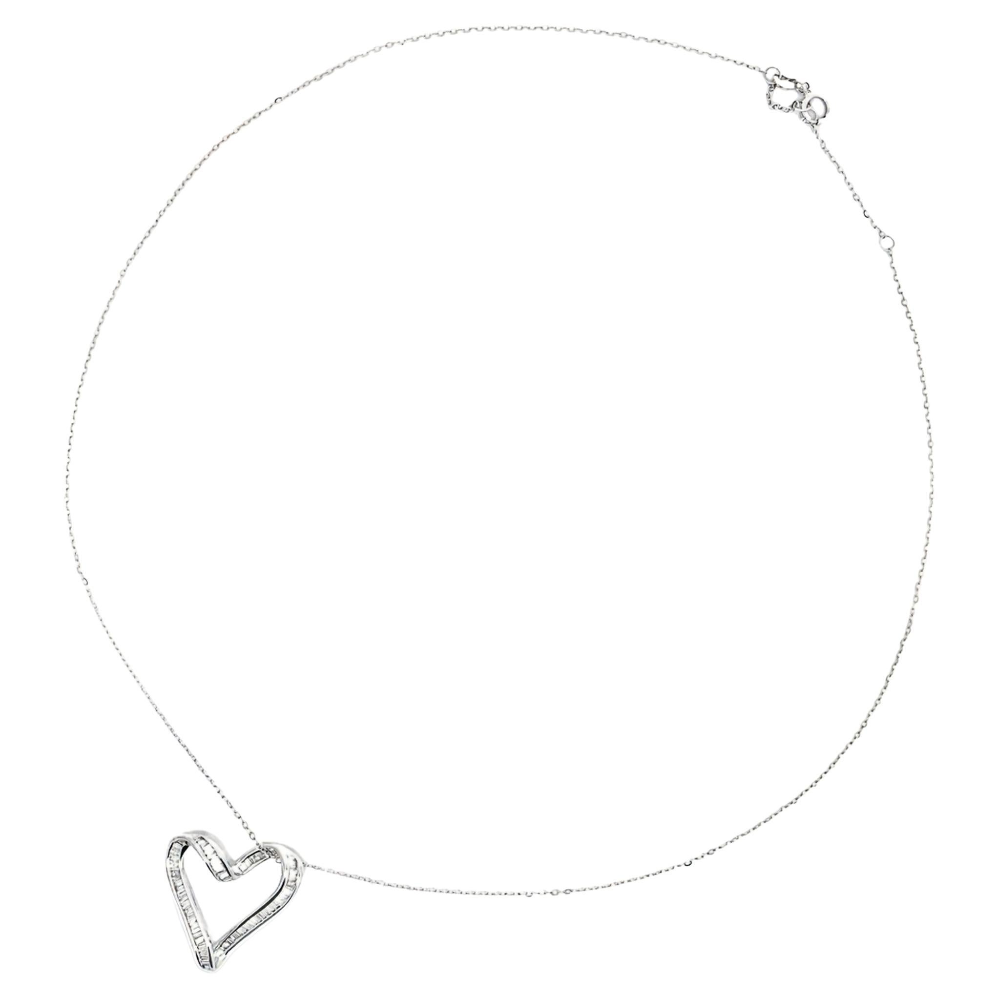 Baguette Diamond Heart Pendant with Chain in 18K White Gold
