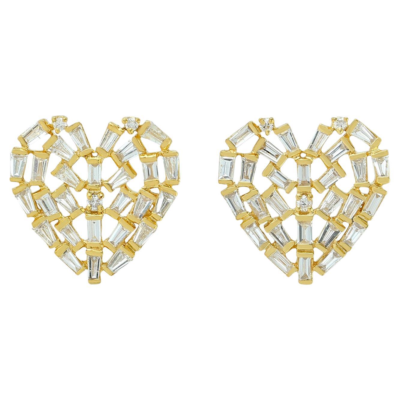 Ohrstecker in Herzform mit Baguette-Diamant aus 18 Karat Gelbgold