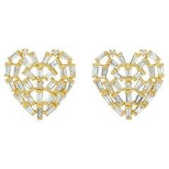 Baguette Diamond Heart Shape Stud Earrings Made In 18k Yellow Gold
