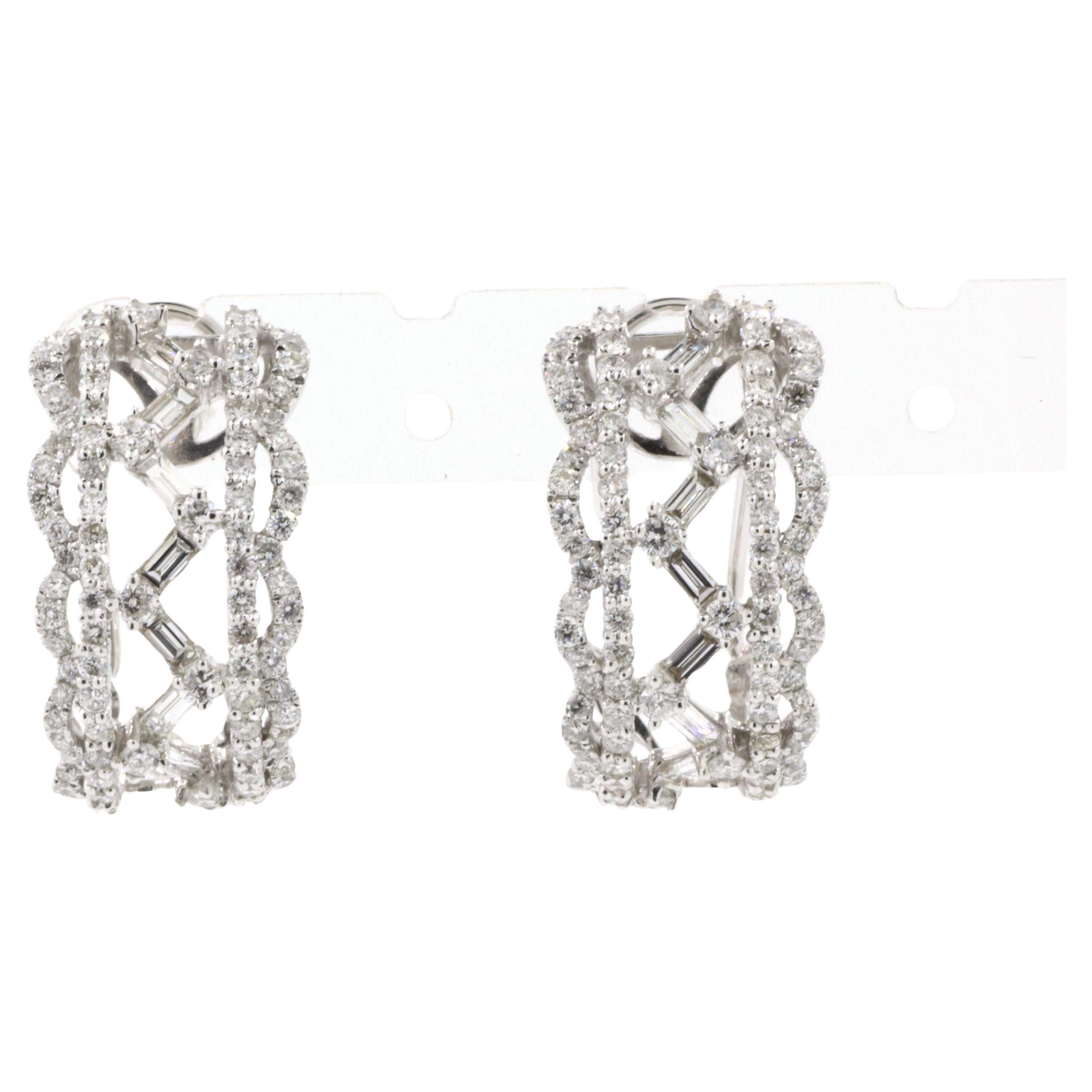 Baguette Diamond Hoop Earring in 18K White Gold For Sale