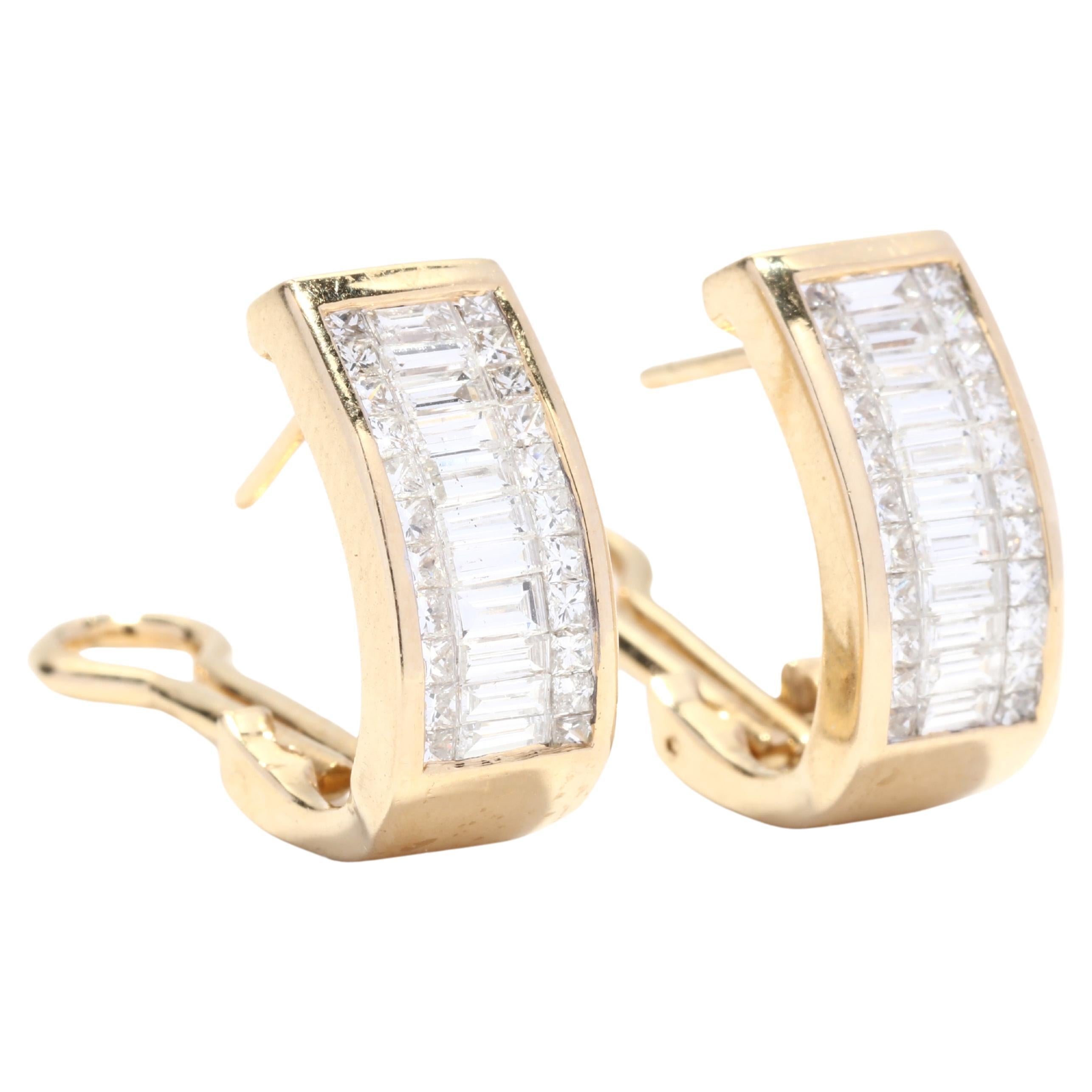 Baguette Diamond Hoop Earrings, 14KT Yellow Gold For Sale