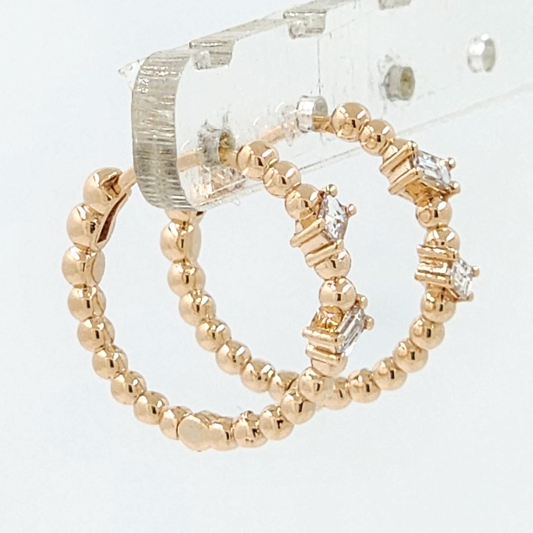 Contemporary Baguette Diamond Hoop Earrings in 18 Karat Rose Gold For Sale