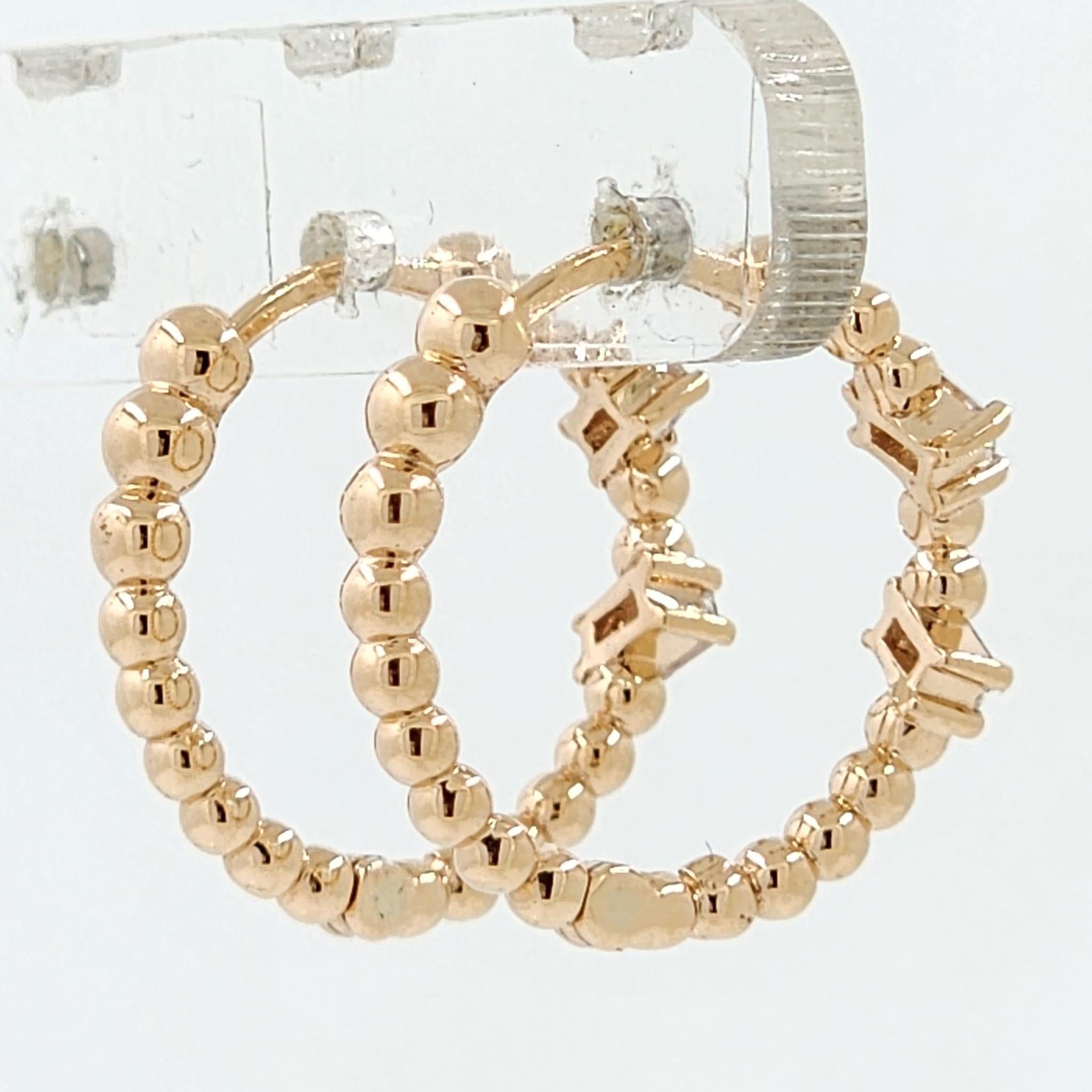 Baguette Cut Baguette Diamond Hoop Earrings in 18 Karat Rose Gold For Sale