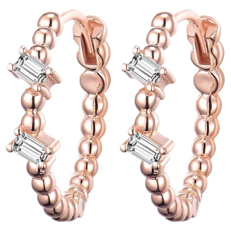 Baguette Diamond Hoop Earrings in 18 Karat Rose Gold For Sale