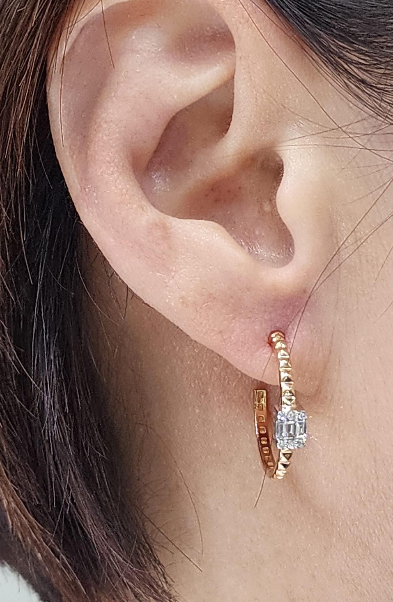 Art Deco Baguette Diamond Hoop Earrings in 18 Karat White and Rose Gold For Sale