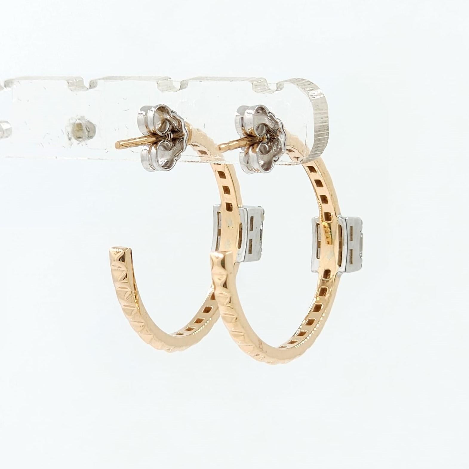 Baguette Cut Baguette Diamond Hoop Earrings in 18 Karat White and Rose Gold For Sale