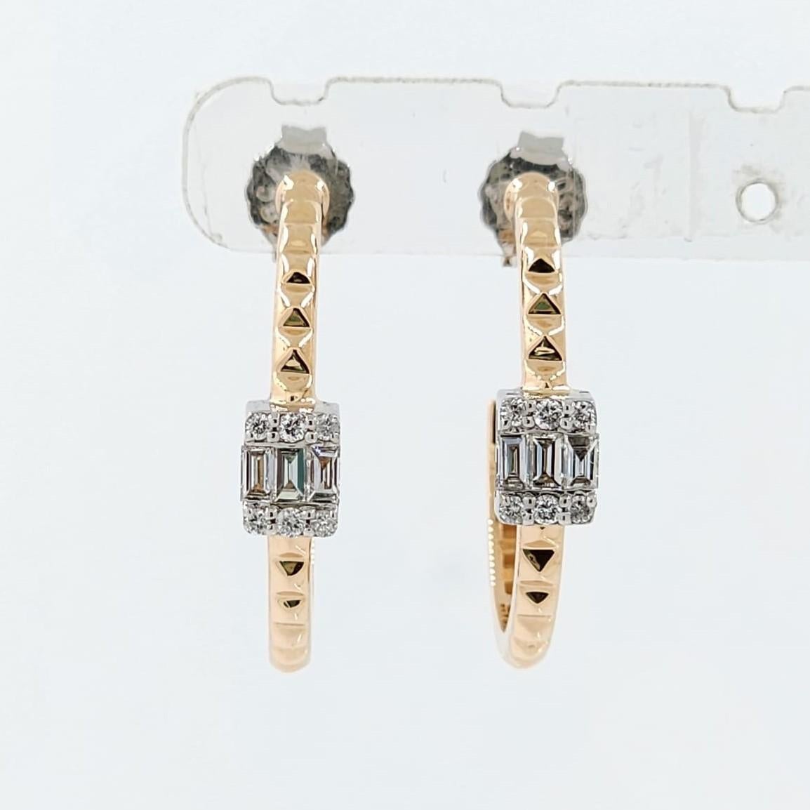 Women's Baguette Diamond Hoop Earrings in 18 Karat White and Rose Gold For Sale