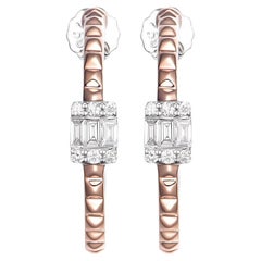 18K Rose Gold Baguette and Round Diamond Hoop Earrings, 0.27 Carat