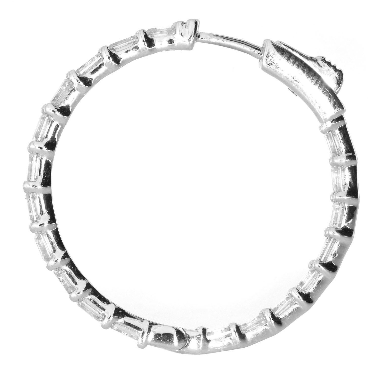 Mixed Cut Baguette Diamond Inside Outside Hoops made In 14k White Gold For Sale