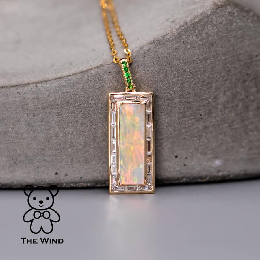 Arts and Crafts Baguette Diamond Invisible Setting Australian Opal & Tsavorite Necklace 18k For Sale