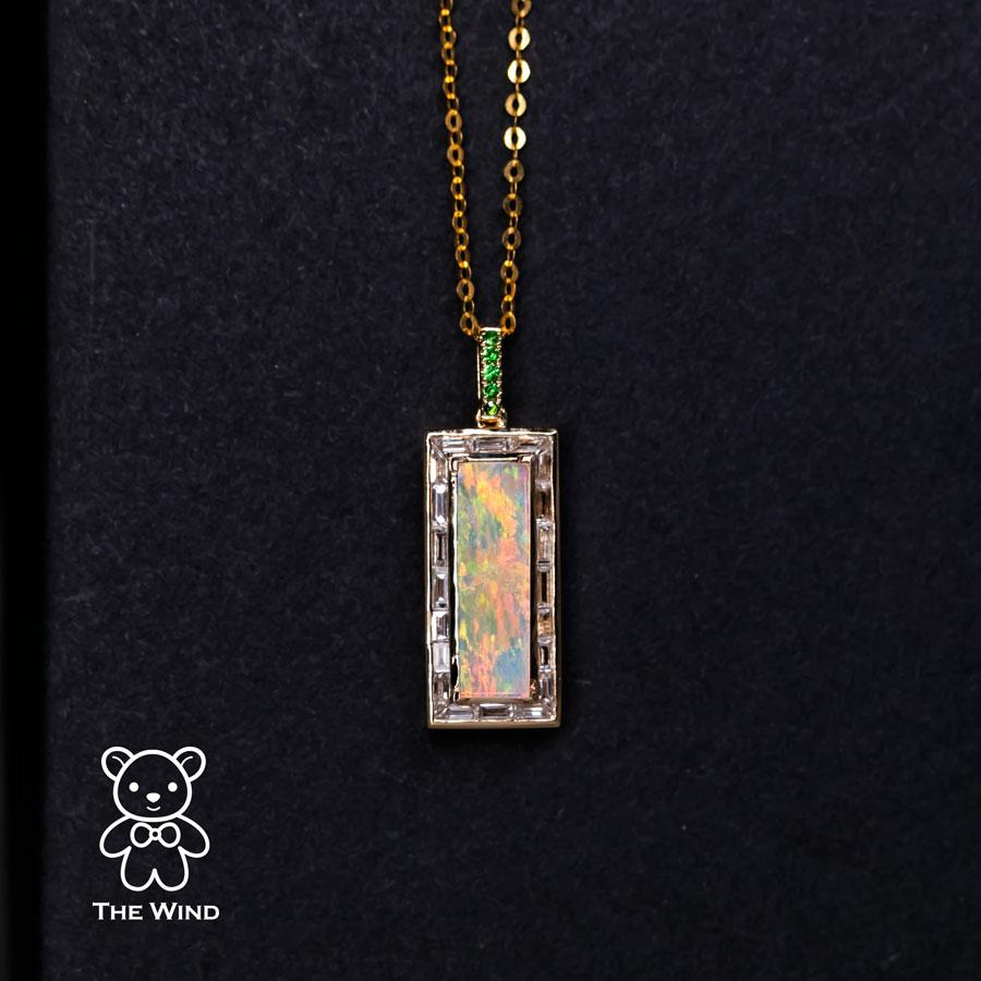 Baguette Cut Baguette Diamond Invisible Setting Australian Opal & Tsavorite Necklace 18k For Sale