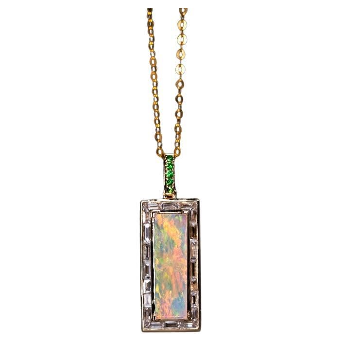 Baguette Diamond Invisible Setting Australian Opal & Tsavorite Necklace 18k For Sale