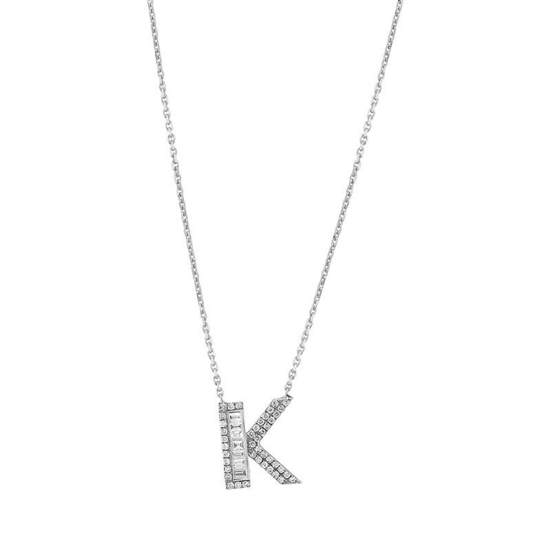 Personalized Valentine's Day Gifts for LOVE
This Beautiful Diamond Letter Pendant Is Entirely Handcrafted In 14K White Gold. 
The Letter K Charm Is Garlanded With Channel-Set Baguette-Cut Diamonds And Prong Set Brilliant Round Diamonds Weighing 0.28