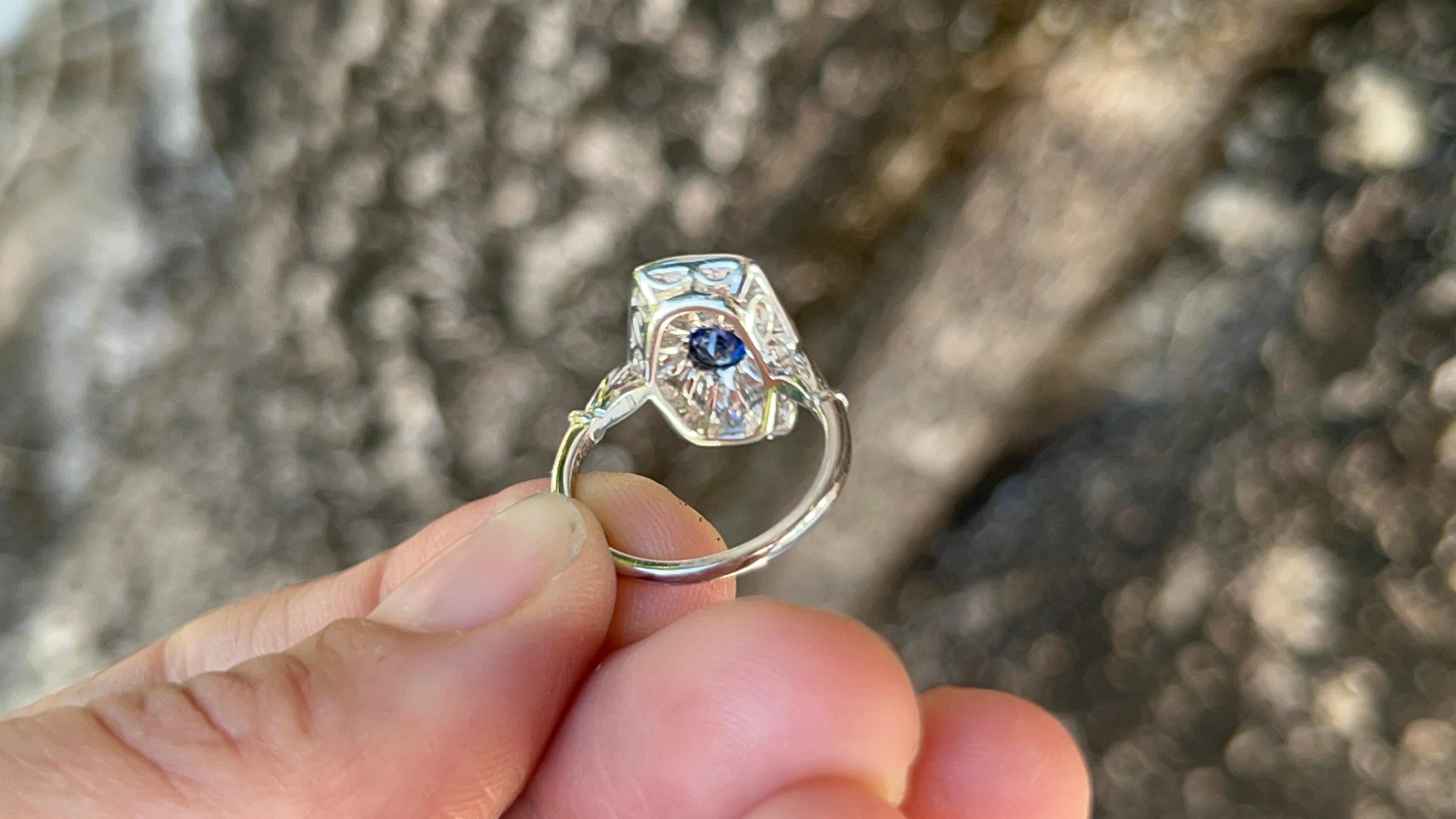 Baguette Cut Baguette Diamond Kite and Sapphire Vintage Style Ring 18K White Gold For Sale