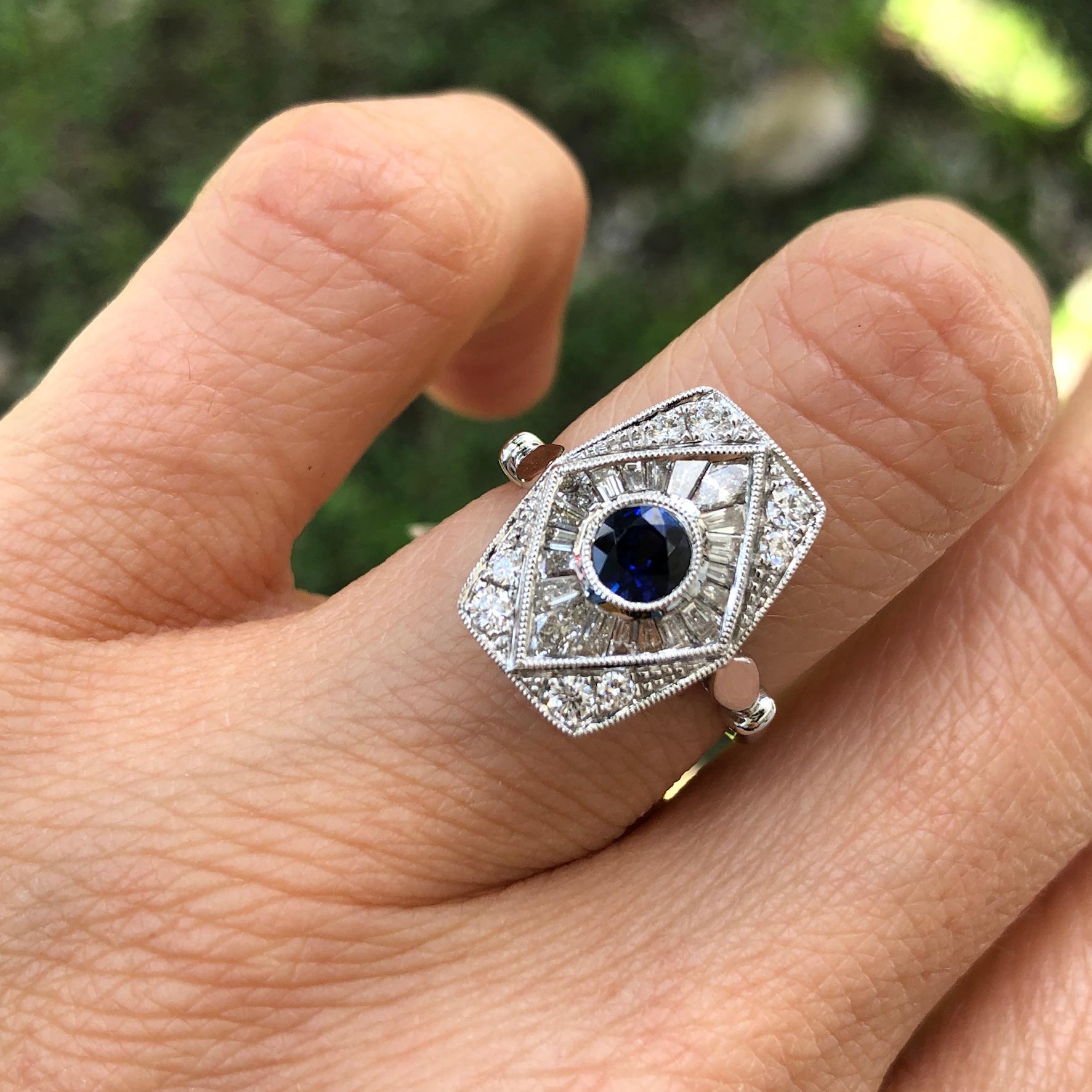 Women's Baguette Diamond Kite and Sapphire Vintage Style Ring 18K White Gold For Sale