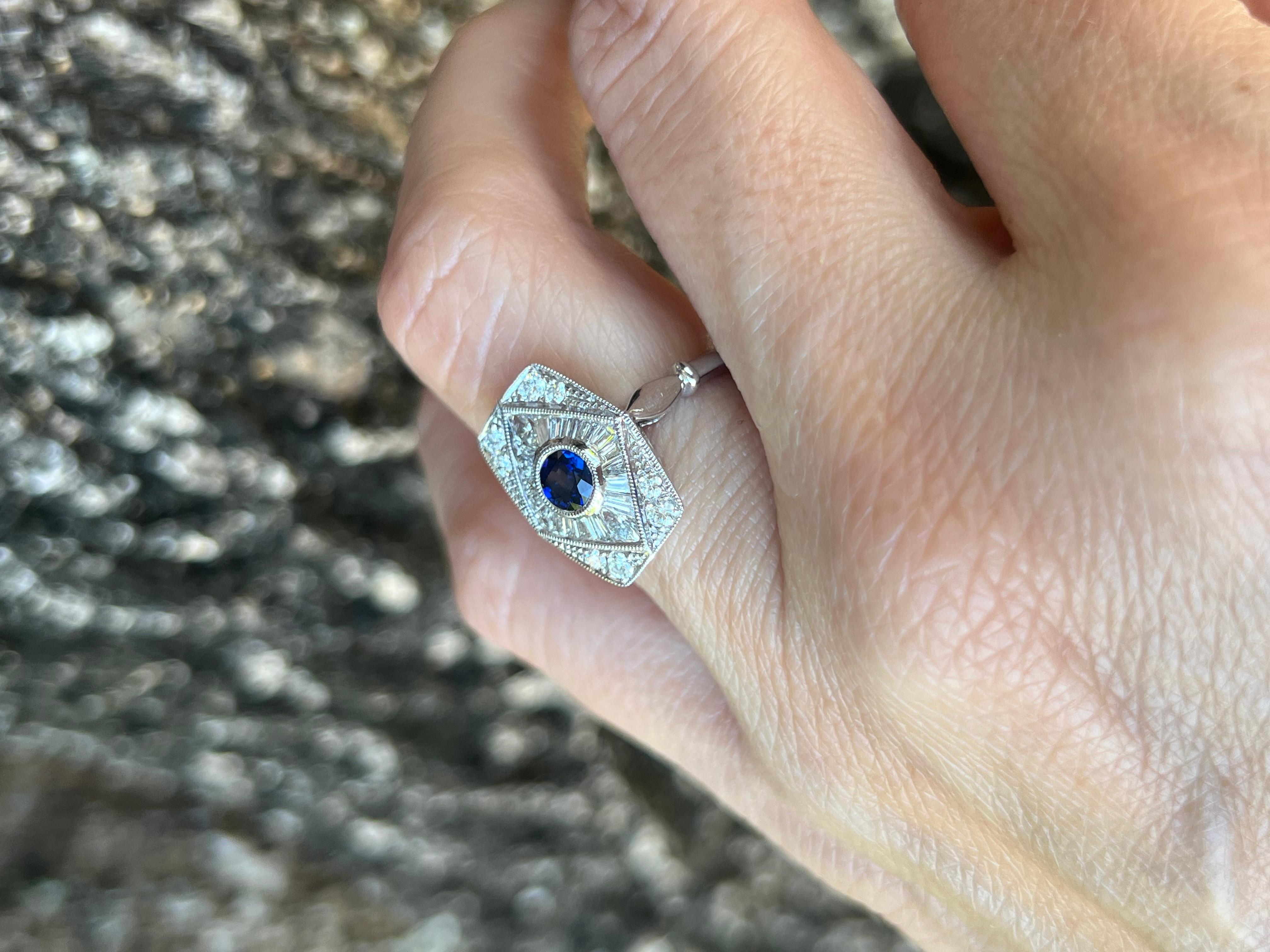 Baguette Diamond Kite and Sapphire Vintage Style Ring 18K White Gold For Sale 1