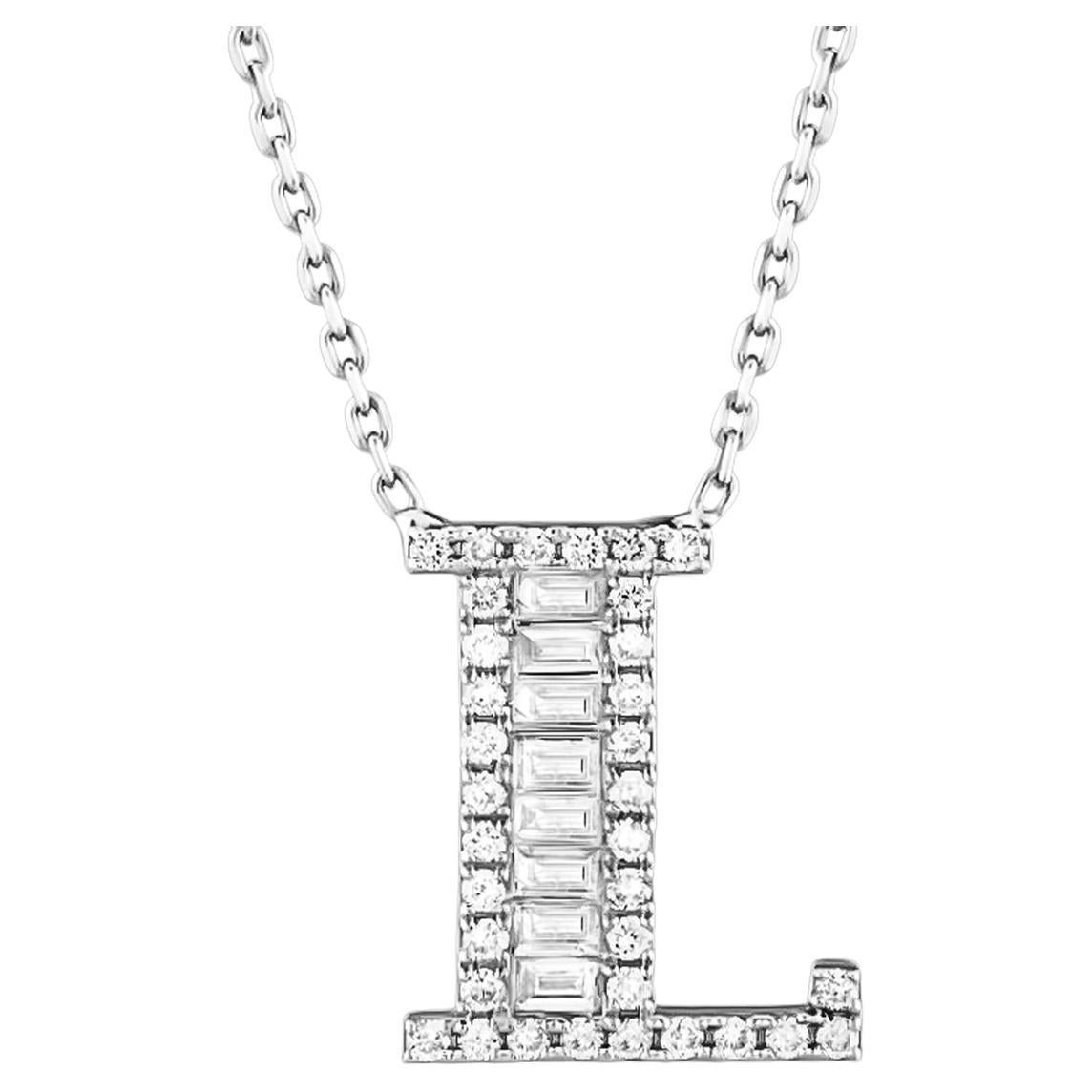 Baguette Diamond L Initial Charm Pendant 14K White Gold Personalized Necklace For Sale