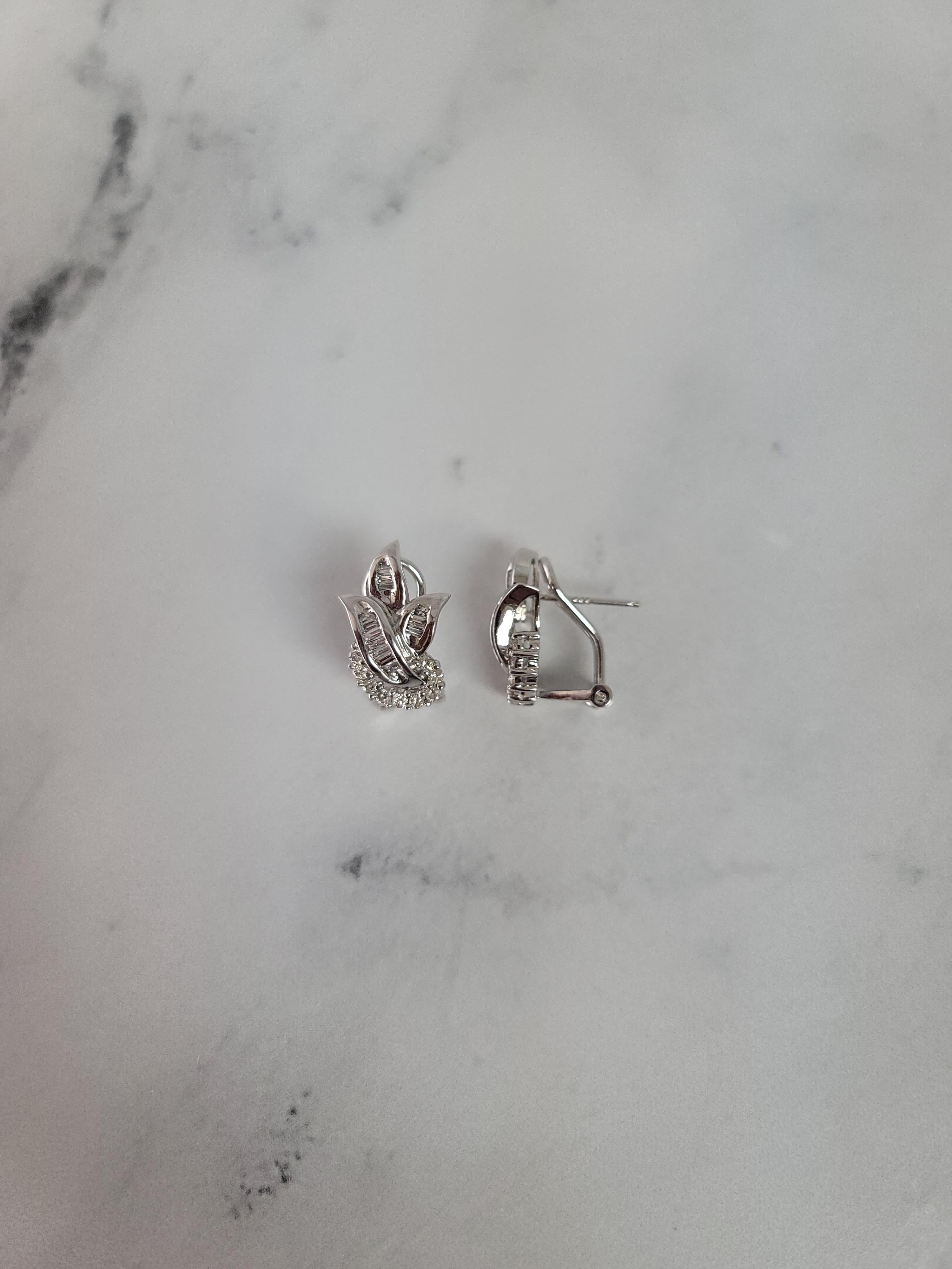Baguette Diamond Leaf Shaped Lever Back Earrings .74cttw 14k White Gold In New Condition For Sale In Sugar Land, TX