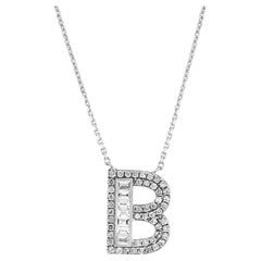 Baguette Diamond Letter B Necklace 14K Solid White Gold, Valentine's Day Gift