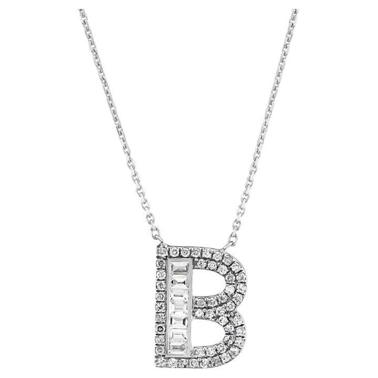 Baguette Diamond Letter B Necklace 14K Solid White Gold, Valentine's