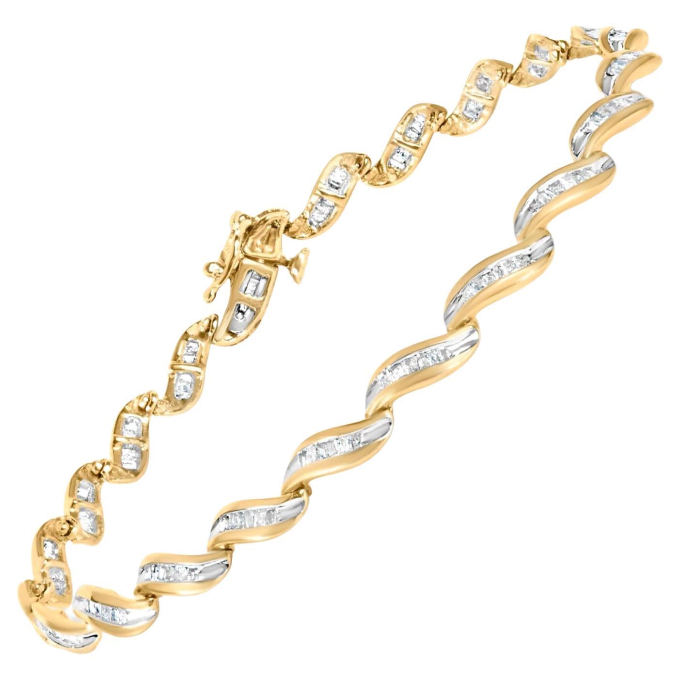 Baguette Diamond Link Bracelet 1.12 Carats 10K Yellow Gold For Sale