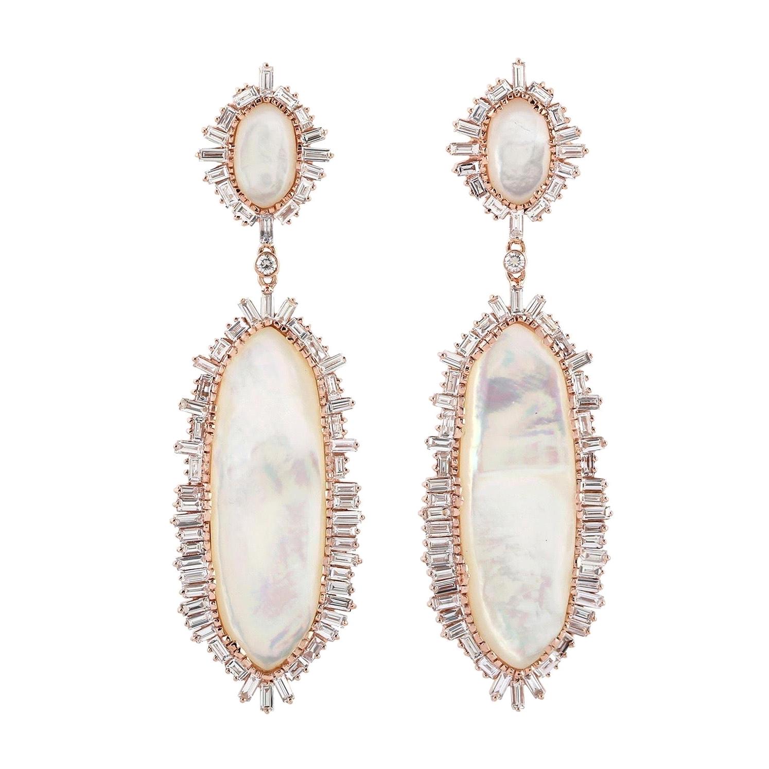 Baguette Diamond Mother of Pearl 18 Karat Gold Snow White Earrings For Sale