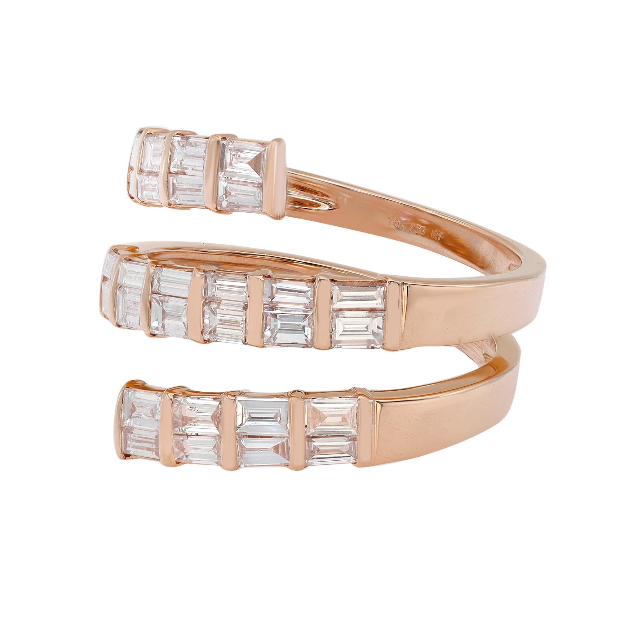 This beautiful spiral diamond ring is all about sparkle. Crafted in high polished 18k rose gold. This style features multi rows of baguette cut shimmering diamonds in channel setting. Total diamond weight: 1.25 carats. Diamond quality: G-H color and