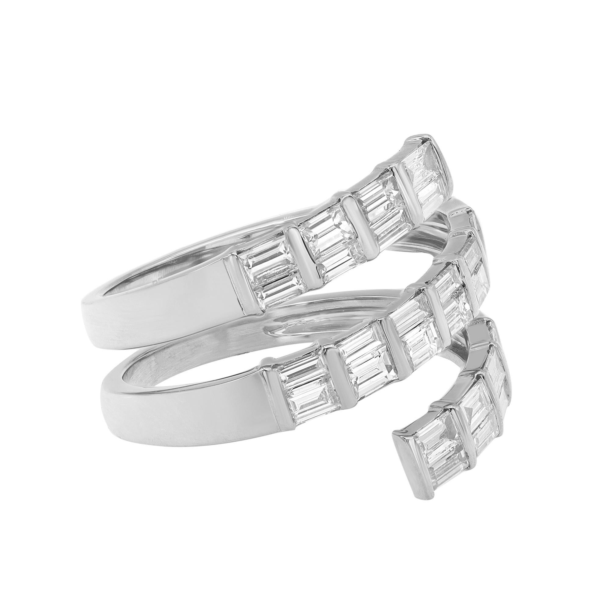 Baguette Cut Baguette Diamond Multi Row Spiral Ring 18K White Gold 1.20Cttw For Sale