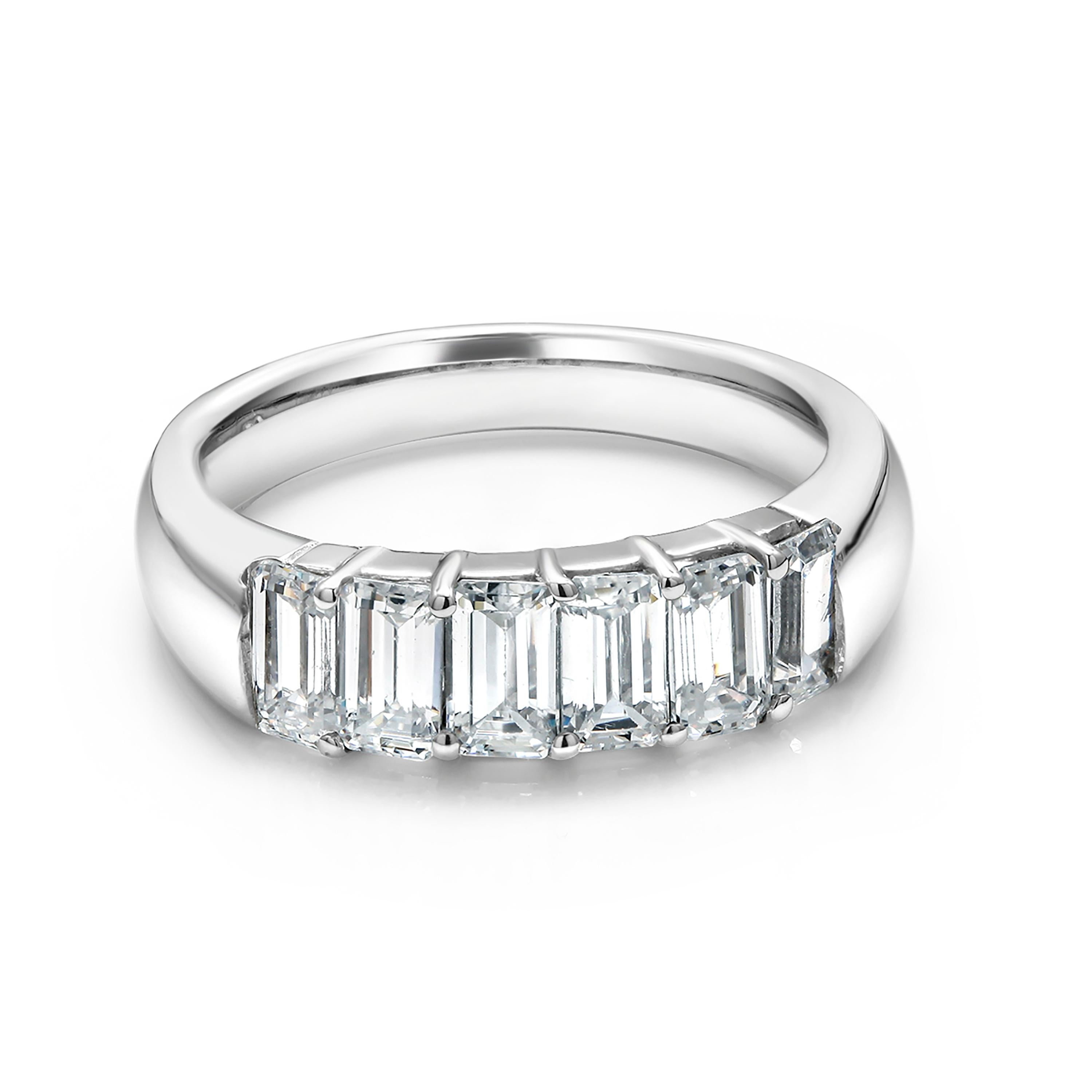 18 Karats white gold baguette diamond prong set partial ring
Six baguette diamond weighing 1.50 carat 
Each diamond measures 5x2.5 millimeter, weighing 02.7 carat 
Made to order for all  finger sizes
A special order is not refundable 
Three weeks