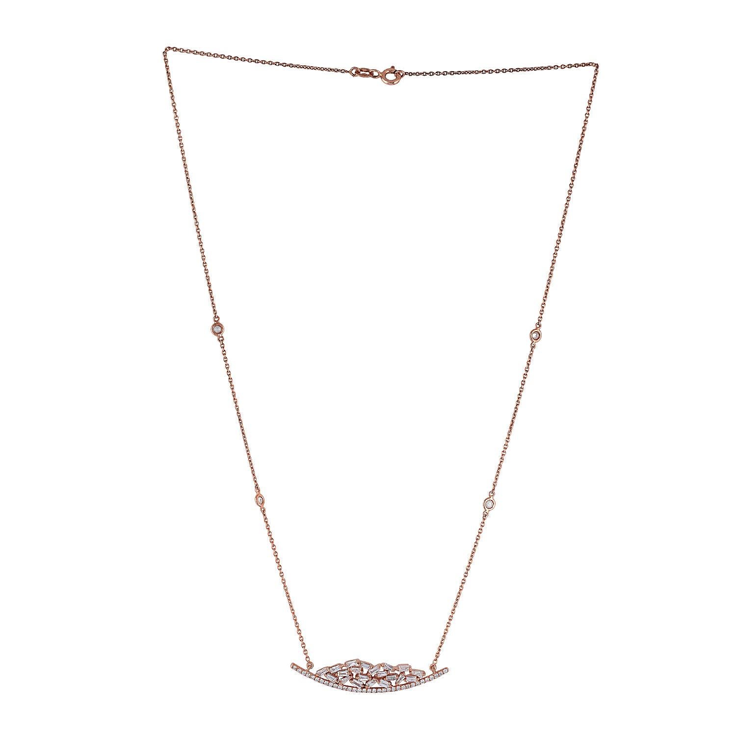 Taglio misto Collana a catena con ciondolo con diamante Baguette in oro rosa 18 carati in vendita