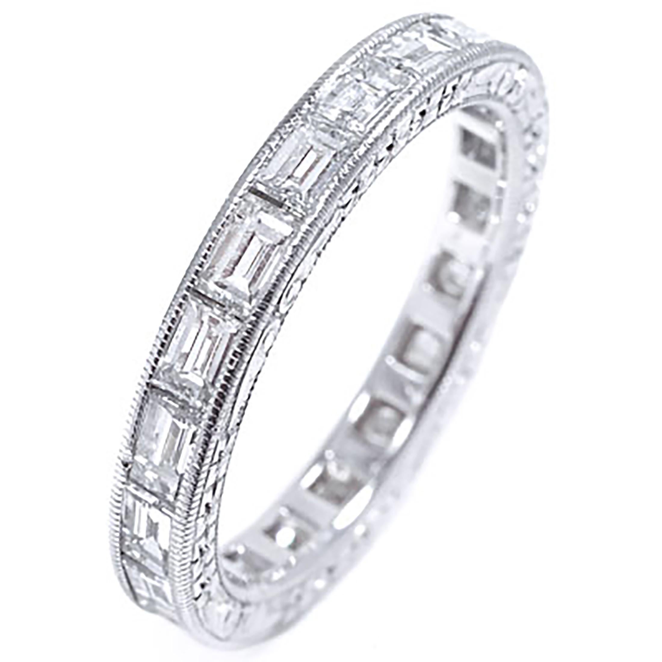 Contemporary Baguette Diamond Platinum Eternity Band with Old Master Engraving