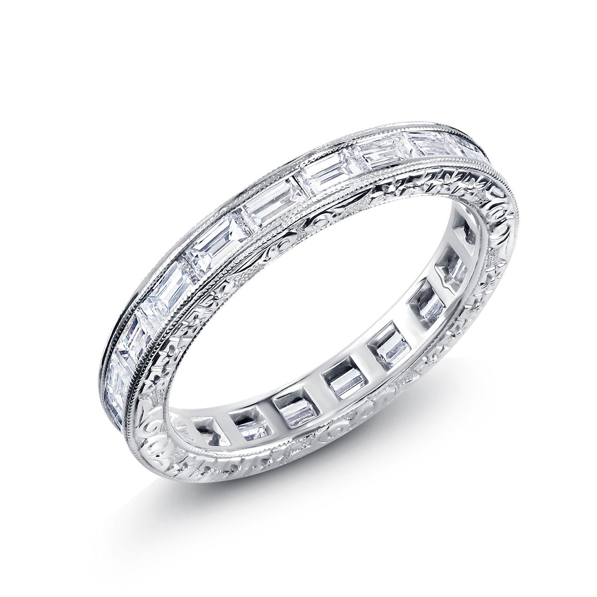 Baguette Diamond Platinum Eternity Band with Old Master Engraving 1