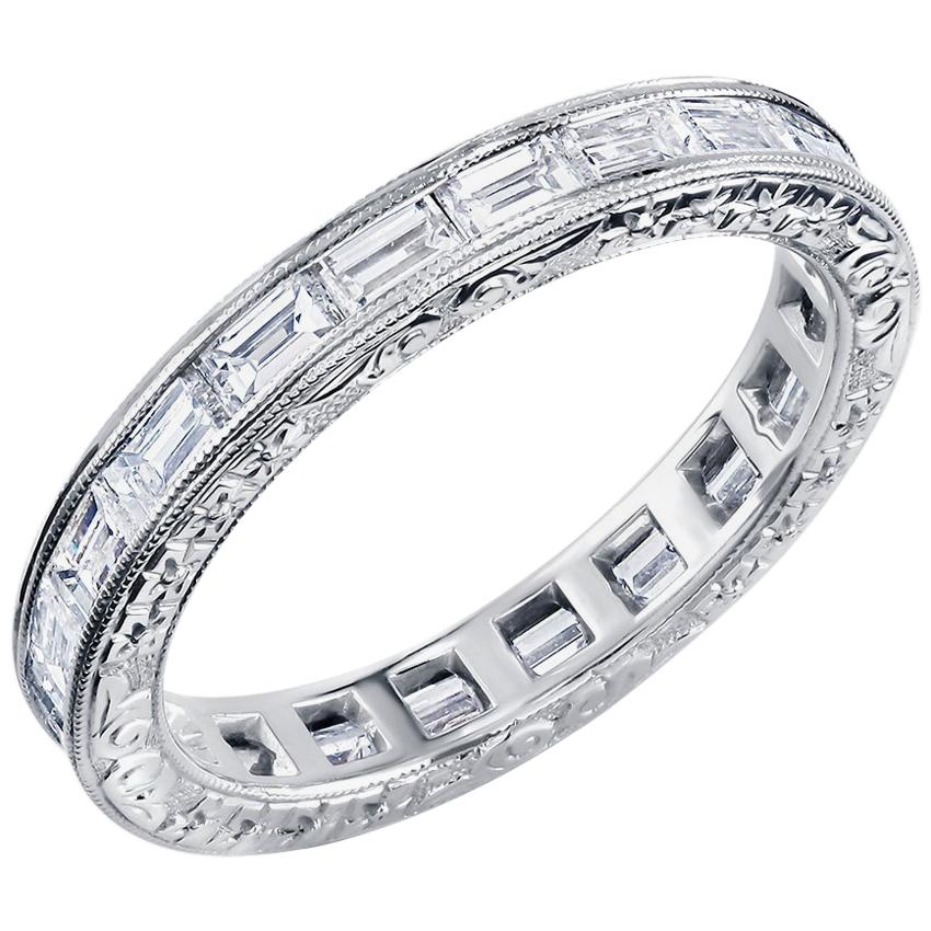 Baguette Diamond Platinum Eternity Band with Old Master Engraving