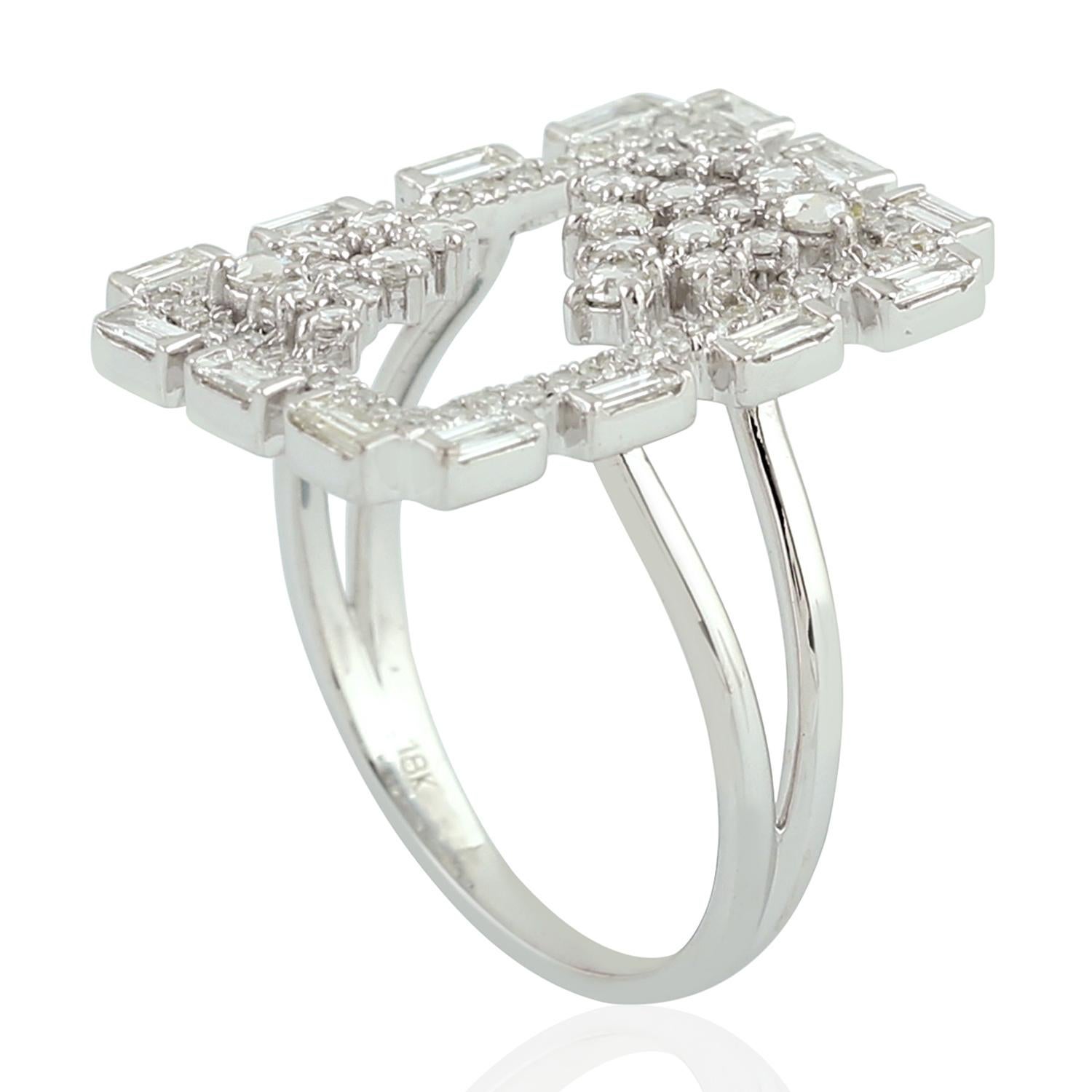 Artisan Baguette Diamond Rectangle Shaped Ring Made In 18k White Gold For Sale