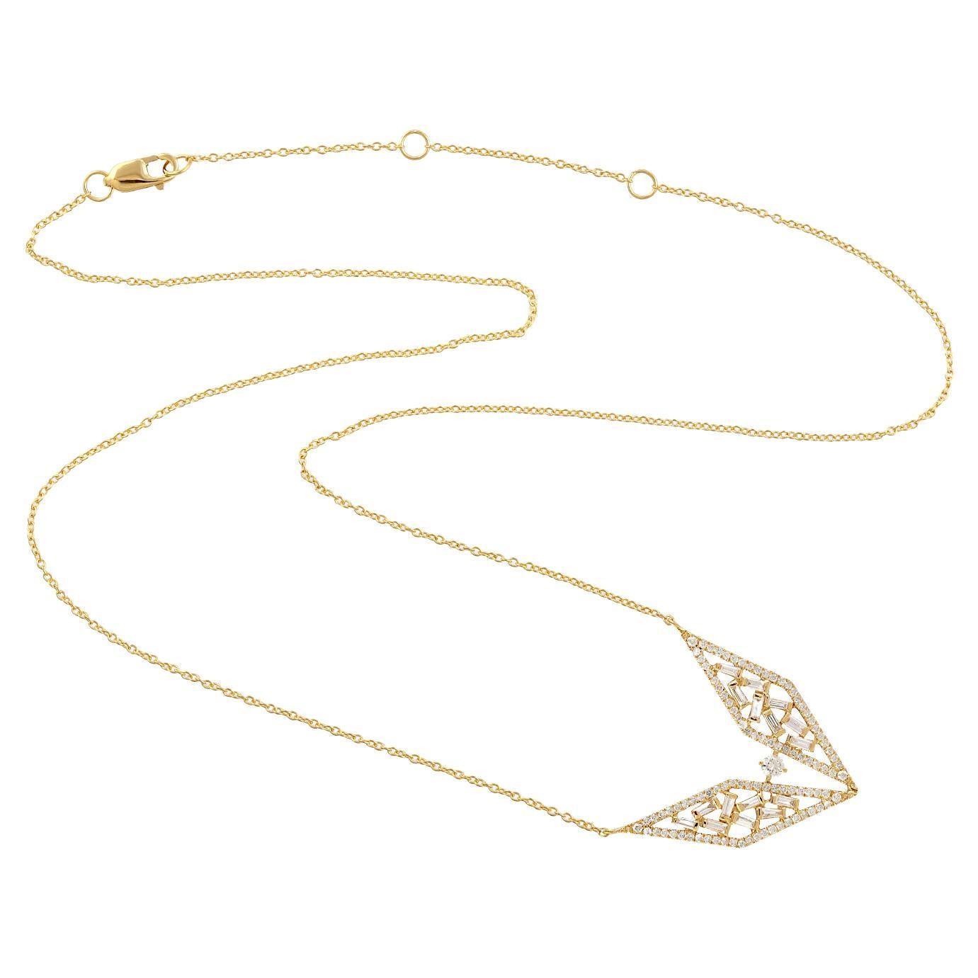Baguette Diamond Rhombus Shaped Twin Pendant Chain Necklace In 18k Yellow Gold