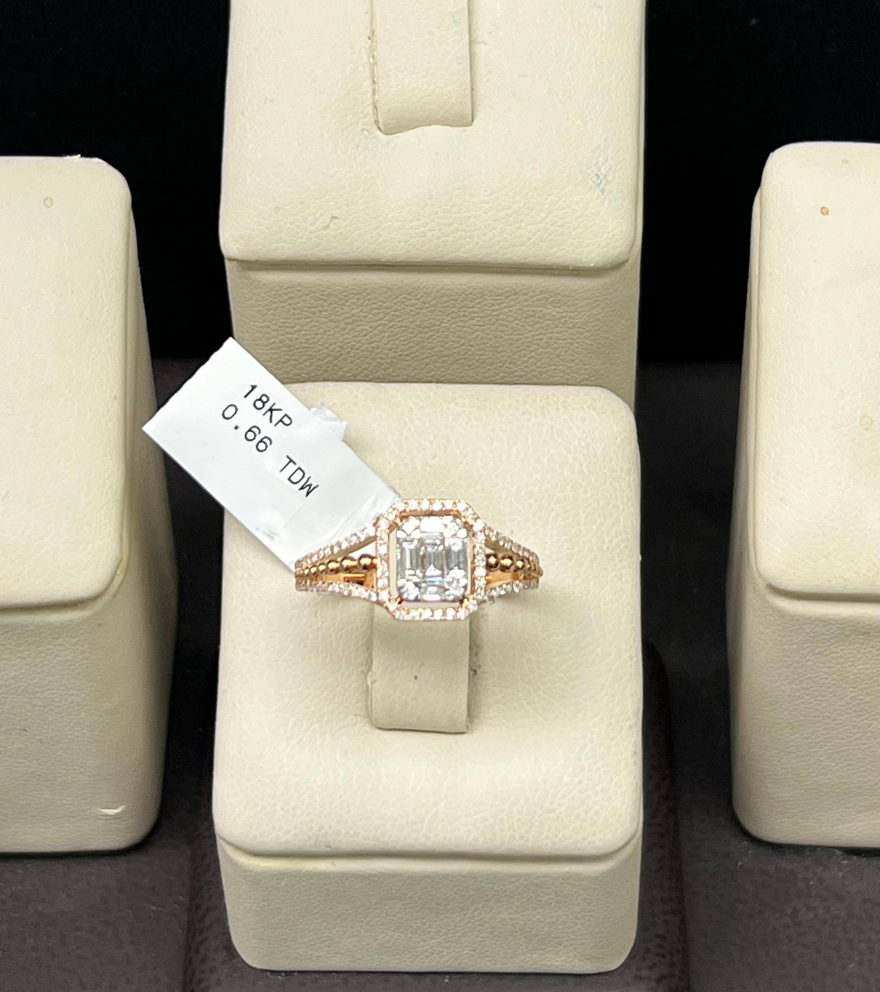 Solid 18K Rose Gold

Natural Round and Baguette Diamonds .66 Total Diamond Weight

G-H Color SI Clarity 

Size 6.5 - Sizable 

Free Insured Shipping