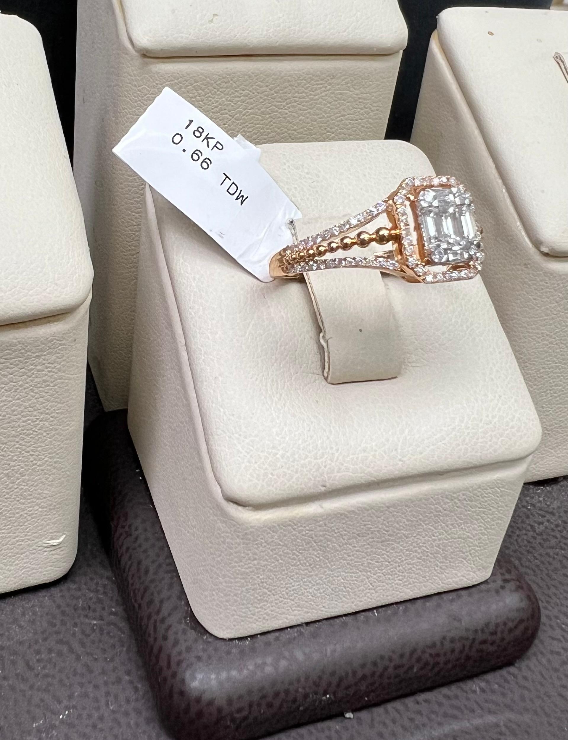 Art Deco Baguette Diamond Ring 18K Rose Pink Gold For Sale