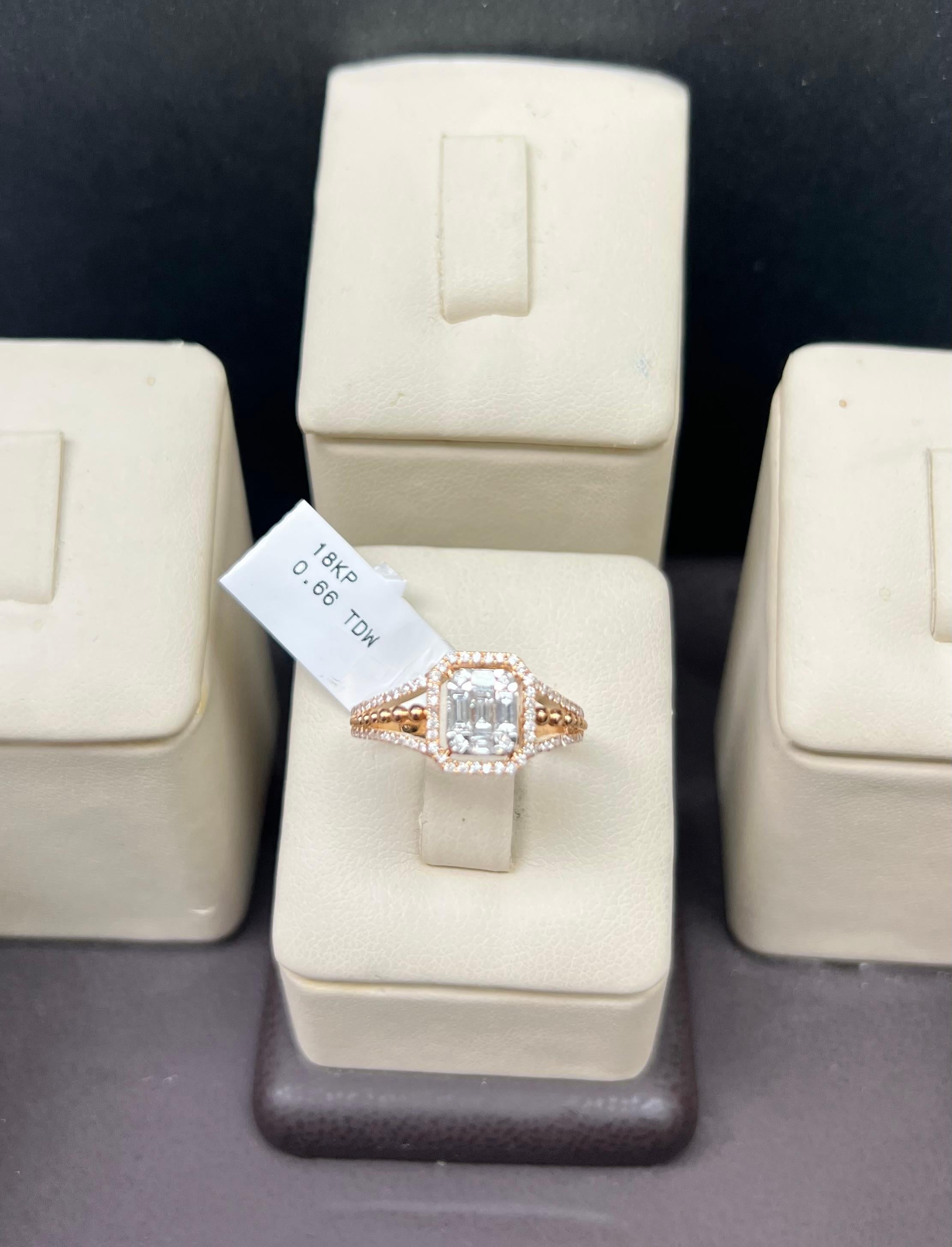 Baguette Diamond Ring 18K Rose Pink Gold In New Condition For Sale In New York, NY