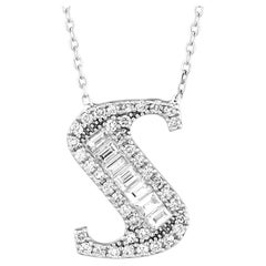 Baguette Diamond S Letter Charm Pendant 14K White Gold Personalized Necklace