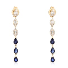 Baguette Diamond Sapphire Drop 14K (or 18k upon request) Yellow Gold Earrings