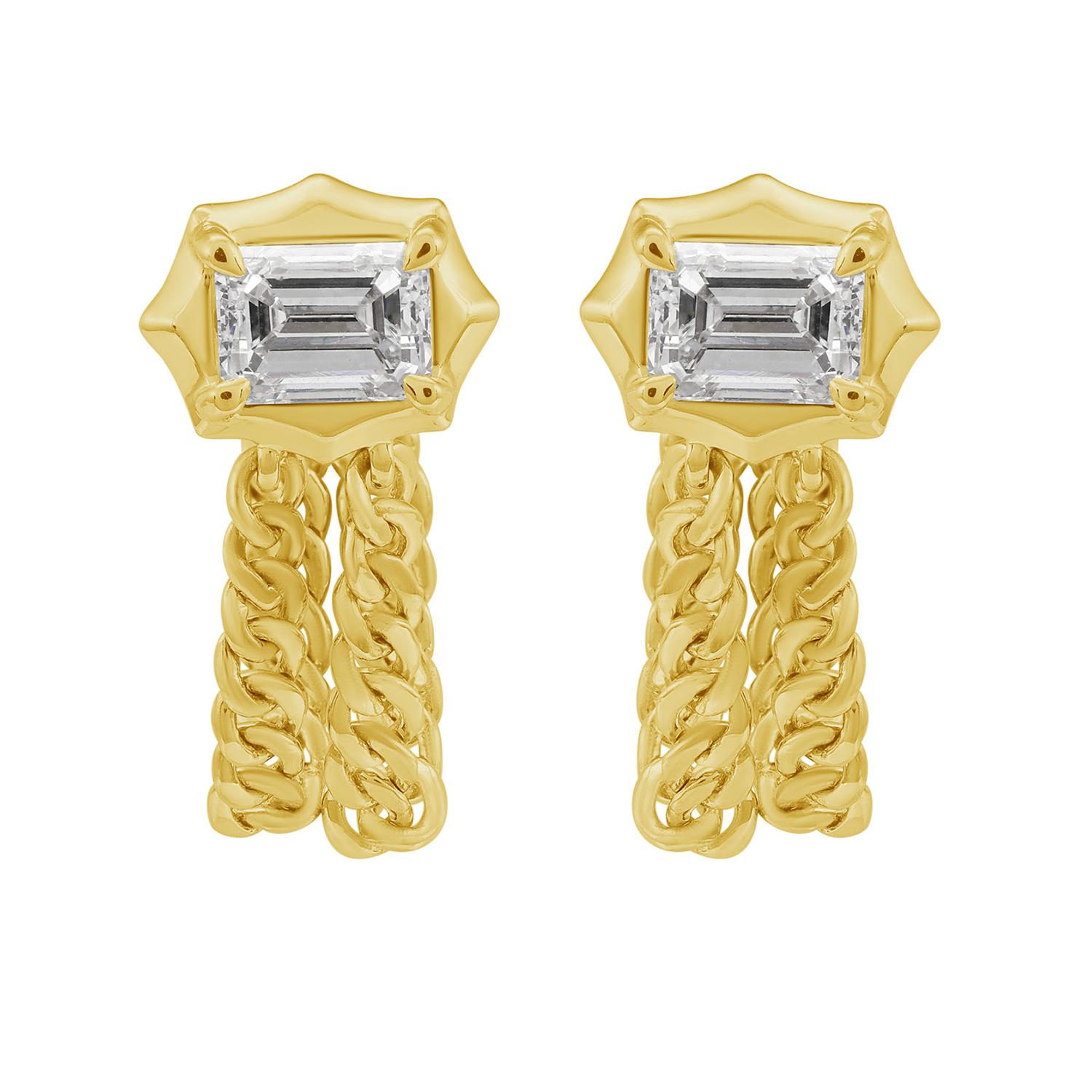 Art déco Boucles d'oreilles en or jaune 14k avec chaînes et diamants baguettes en vente