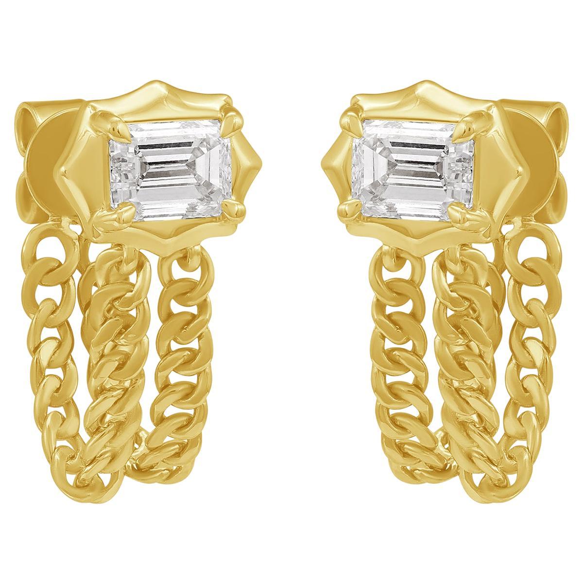 Boucles d'oreilles en or jaune 14k avec chaînes et diamants baguettes en vente