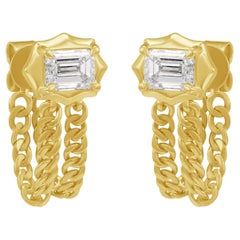 Boucles d'oreilles en or jaune 14k avec chaînes et diamants baguettes