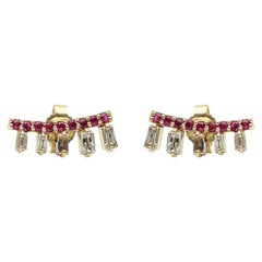 Baguette-Diamant-Ohrstecker aus massivem 14-karätigem Gelbgold mit natürlichen Rubin-Edelsteinen