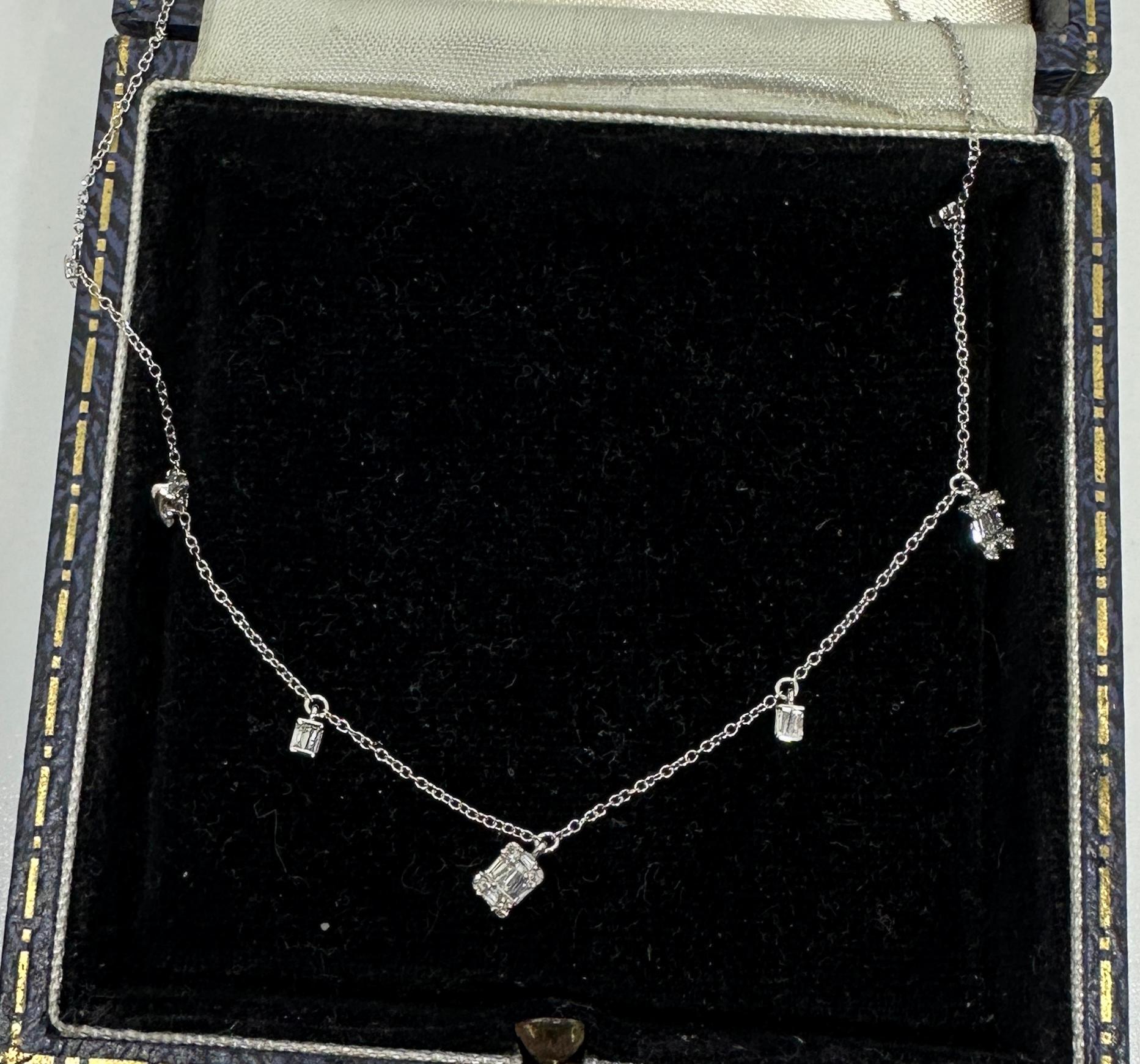 Collar Estación Diamantes Baguette Oro Blanco 14 Kilates 16